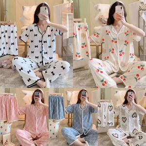 Conjunto de pijama de seda de leche de tres piezas de verano para mujer, pantalones holgados de manga corta con borde frontal de oso, cintura elástica para Live - Product Image 2