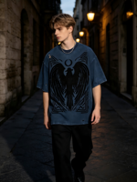 T-shirt Homme Vintage Streetwear Imprimé DTG Kornit Effet Délavé Totem Corbeau Effet Vieilli Pulvérisé Effet Usé Grammage Lourd