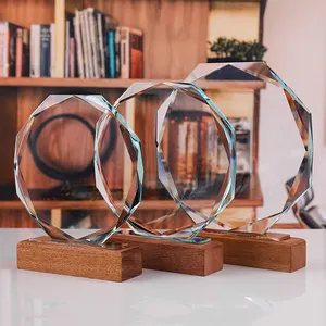 Cheap Wholesale Optical Glass Medal Award Wooden Base Stock Crystal Trophy Blank For Personalized Souvenirs Gifts