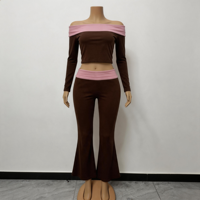 Ensemble 2 pièces haut color block à épaules dénudées et pantalon long pour femme – Tenue décontractée d'automne – Prise en charge de la personnalisation du logo