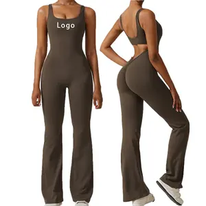 2023 Nieuwe Collectie Logo Custom Solide Vrouwen Jumpsuit Uitgeholde Rug Wijd Uitlopende Onderkant Romper One Piece Gym Fitness Yoga Bodysuit