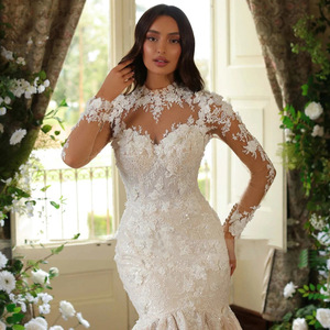 White Mermaid Wedding Dress With Floral Lace Sweetheart Neckline And Train For Bridal Wear - Product Image 3