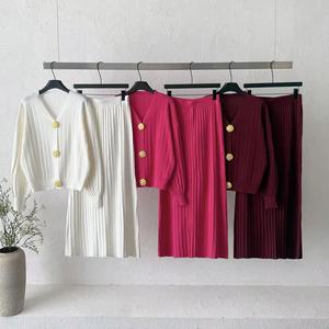 Women's Fashion <b>Knit</b> <b>Set</b> V Neck Cardigan Full Length Pleated Skirt Solid Color Polyester Cotton Two Piece Outfit - Product Image 5