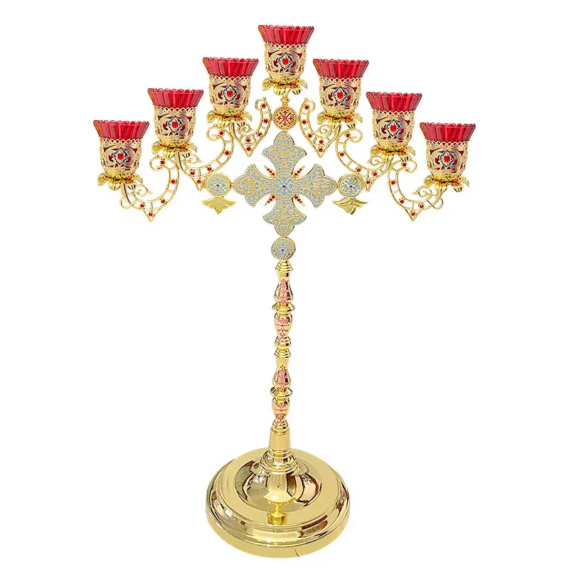 HT Preços por atacado Big Size Banhado A Ouro Multicolor Gemstone Inlay Church Candle Stand Orthodox Candlestick