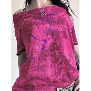 Women's Off The Shoulder Gothic Graphic Tee Y2k Grunge Vintage Summer <b>Top</b> Lightweight Polyester <b>One</b>-Shoulder Fashion <b>Top</b> - Product Image 3