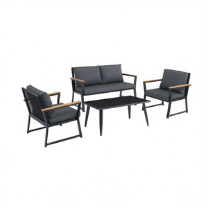 Set da Giardino con Divano, Due Sedie e Tavolino, Struttura in Acciaio Nero, Braccioli in Legno di Teak, Design Contemporaneo Resistente alle Intemperie - Product Image 1