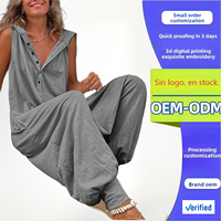 Combinaison pantalon ample sans manches à capuche boutonnée pour femme, style streetwear européen et américain, en polyester, collection 2026