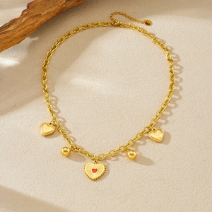 Heart-Shaped Stainless Steel Pendant Necklace Gold Plated Chain With Red Heart Charm Unisex Gift Jewelry - Product Image 3