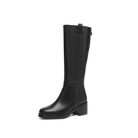 Bottes d'équitation d'hiver en cuir véritable à bout rond, à talon épais et hauteur genou