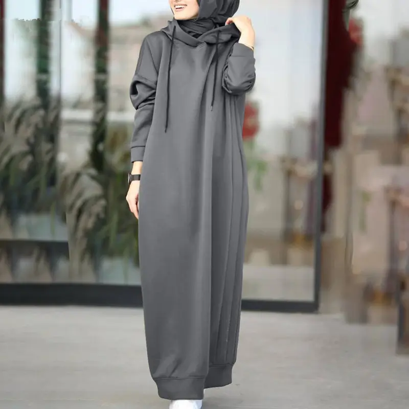 Solid color Long style 1 piece set Autumn Winter hooded coat for Muslim women's and lady's abaya Hoodies Long Sleeve Maxi Dress