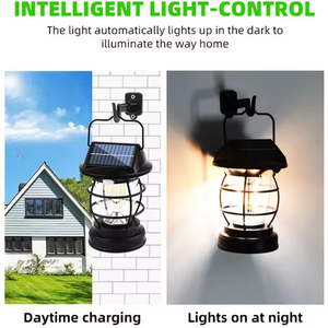Lanterne de camping à LED solaire avec panneau solaire, étanche IP65, corps en plastique noir, lumière chaude 2700K, utilisation autonome en extérieur - Product Image 6