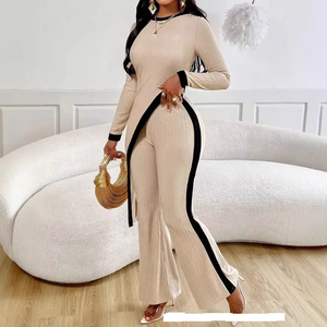 Ensemble Deux Pièces Décontracté pour Femme, en Crêpe Uni, Haut Asymétrique et Pantalon Empilé, Vêtements Grandes Tailles - Product Image 1