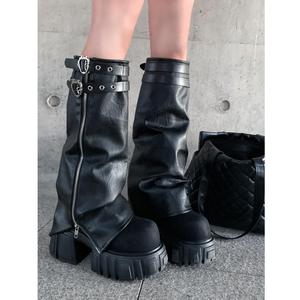 Bottes hautes pour femmes à bout rond, au-dessus du genou, talon épais avec fermeture éclair, chaussures de marche d'hiver, tailles plus disponibles - Product Image 1
