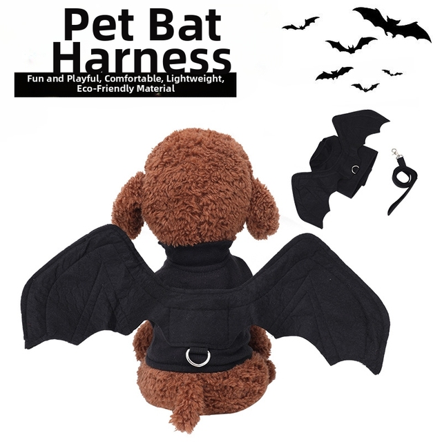 Pet Dog Halloween Costume with Cartoon Lace Design Solid Pattern Felt Fabric and Hook and Loop Closure Black Bat Wings