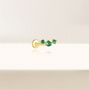 Gold Flat Back Natural Green Chalcedony S925 <b>Sterling</b> <b>Silver</b> Piercing <b>Stud</b> <b>Earring</b> - Product Image 3