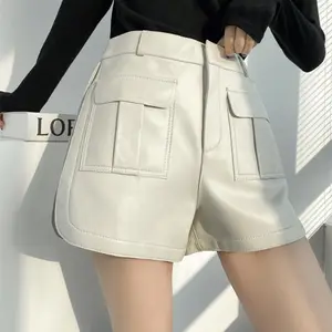 女短裤高腰过膝裤大口袋独特设计羊皮宽腿短裤2023