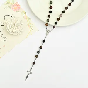 Collar de Rosario católico con cuentas de piedra de ágata india de 8mm con medalla y colgante de crucifijo