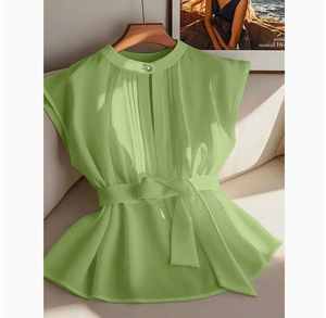 Abbigliamento Estivo <span class=keywords><strong>Donna</strong></span> Stile Europeo e Americano, <span class=keywords><strong>Camicia</strong></span> Monocolore Senza Maniche con Cintura - Product Image 2