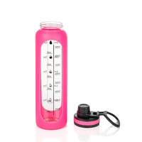 Bouteille d'eau sportive en verre transparent gradué de 1000 ml avec anneau de levage et isolation en silicone, simple et droite, pour boire directement