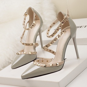 Sexy Nightclub Stiletto Heels Shallow-cut Pointy Rivet Hollowed Out Line With Elegant/ Toe Pumps for Women - Product Image 4