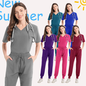 Women's Cotton Scrub Set Short Sleeve V Neck Moisture Wicking Hospital Uniforms For Medical Beauty Dental Workwear Split Design - Product Image 1