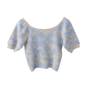 Top de Punto Jacquard con Cuello en V para Mujer, Manga Corta, Corte Ajustado, Suave, para Verano - Product Image 2