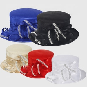 قبعة نسائية أنيقة من الساتان للكنيسة وحفلات الزفاف وحفلات الشاي، مزينة بالأحجار الكريمة، قبعة أسقفية طراز SD718 - Product Image 1