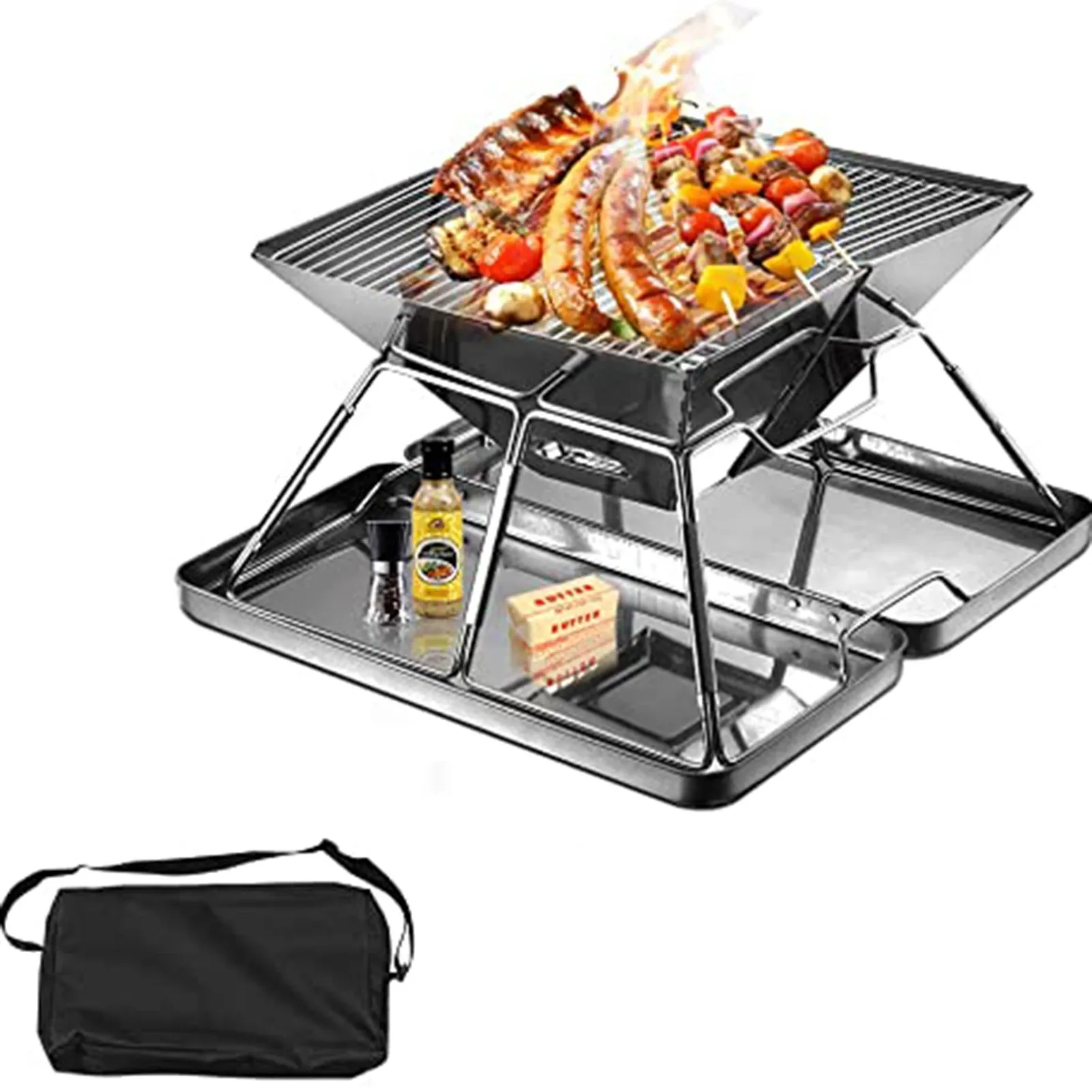 Vouwen Camping Bbq Grill Set Draagbare Barbecue Kachel 304 Rvs Mini Pit Vouwen Grill Voor Camping Picknick Bbq