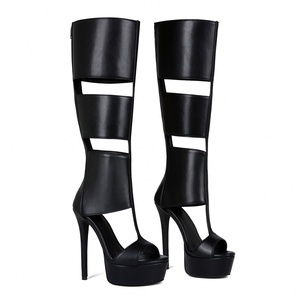 Sandales bottes à <span class=keywords><strong>talon</strong></span> plateforme pour <span class=keywords><strong>femme</strong></span>, style européen, sexy, à larges rayures noires, tendance, grande taille 44 - Product Image 6