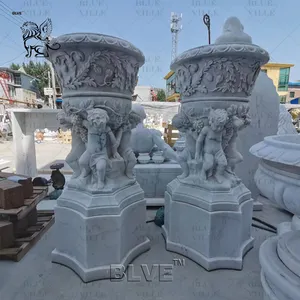 BLVE disesuaikan ukuran taman luar ruangan dekoratif gaya Eropa batu alam vas ukiran marmer putih pot bunga