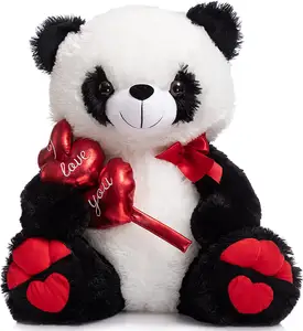ฉันรักคุณแพนด้ายัดไส้สัตว์ตุ๊กตาหมีแพนด้ากับหัวใจสีแดงและโบว์ของเล่นตุ๊กตาหวานสำหรับวันวาเลนไทน์
