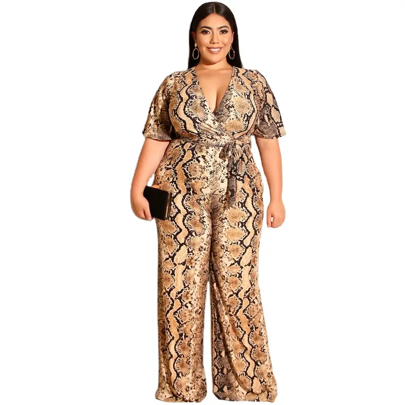 2020 summer jumpsuit Large size women's cheetah print Long sleeve v-neck suit tight ladies jumpsuit two-piece
