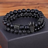 Ensemble de bijoux pour homme Hip Hop de luxe 2 pièces, bracelet en onyx noir mat et pierre de lave, bracelet avec pendentif roi en CZ noir glacé