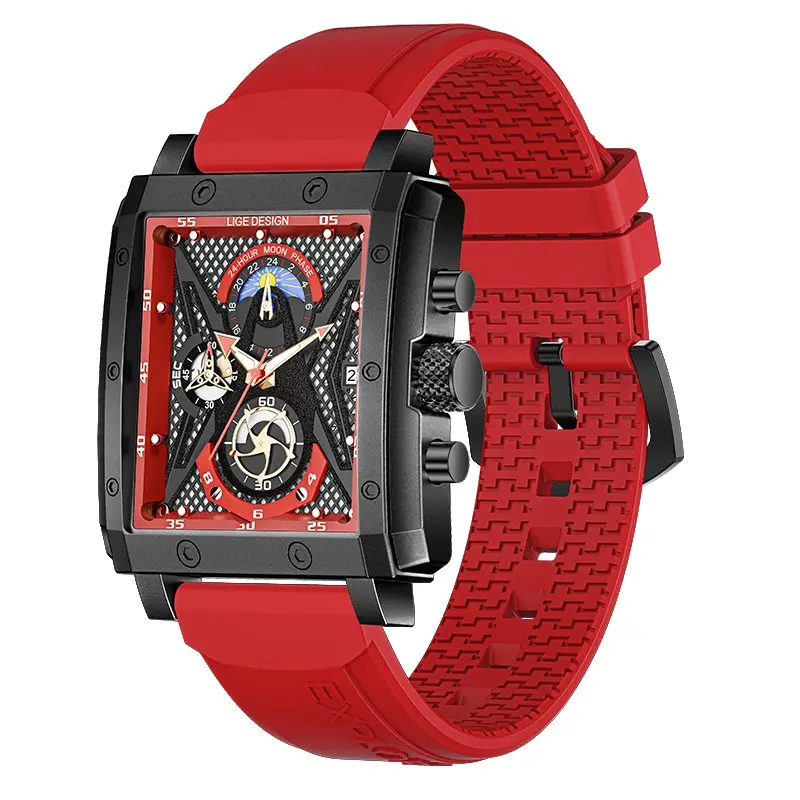 LIGE New Men Red Bands Square Watch Luxury Waterproof Man Hollow Date Clock Quartz Watches Relogio Masculino