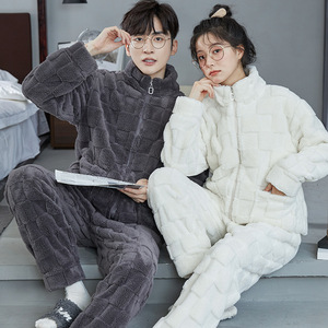 Pijamas portátiles para mujeres y hombres en otoño e invierno. Cremallera <span class=keywords><strong>de</strong></span> cuello alto <span class=keywords><strong>de</strong></span> franela gruesa con <span class=keywords><strong>terciopelo</strong></span> coral para parejas - Product Image 2