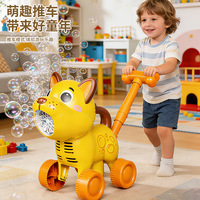 Bechotoy Carro de Juguete Infantil de Empuje Manual con Diseño de Dibujos Animados, Dos en Uno: Vehículo Eléctrico con Soplador, Sonido, Luces y Máquina de Burbujas