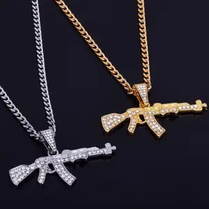 Sampel Gratis Produk Kalung Liontin Kepribadian Model Hip-Hop Perhiasan Kuba Rantai Ice Out Ak 47 Gun
