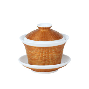 Handmade Bamboo Woven Gaiwan Three Piece Set Dehua White Porcelain Tea Bowl With Lid Traditional Kung Fu Tea Set - Product Image 5