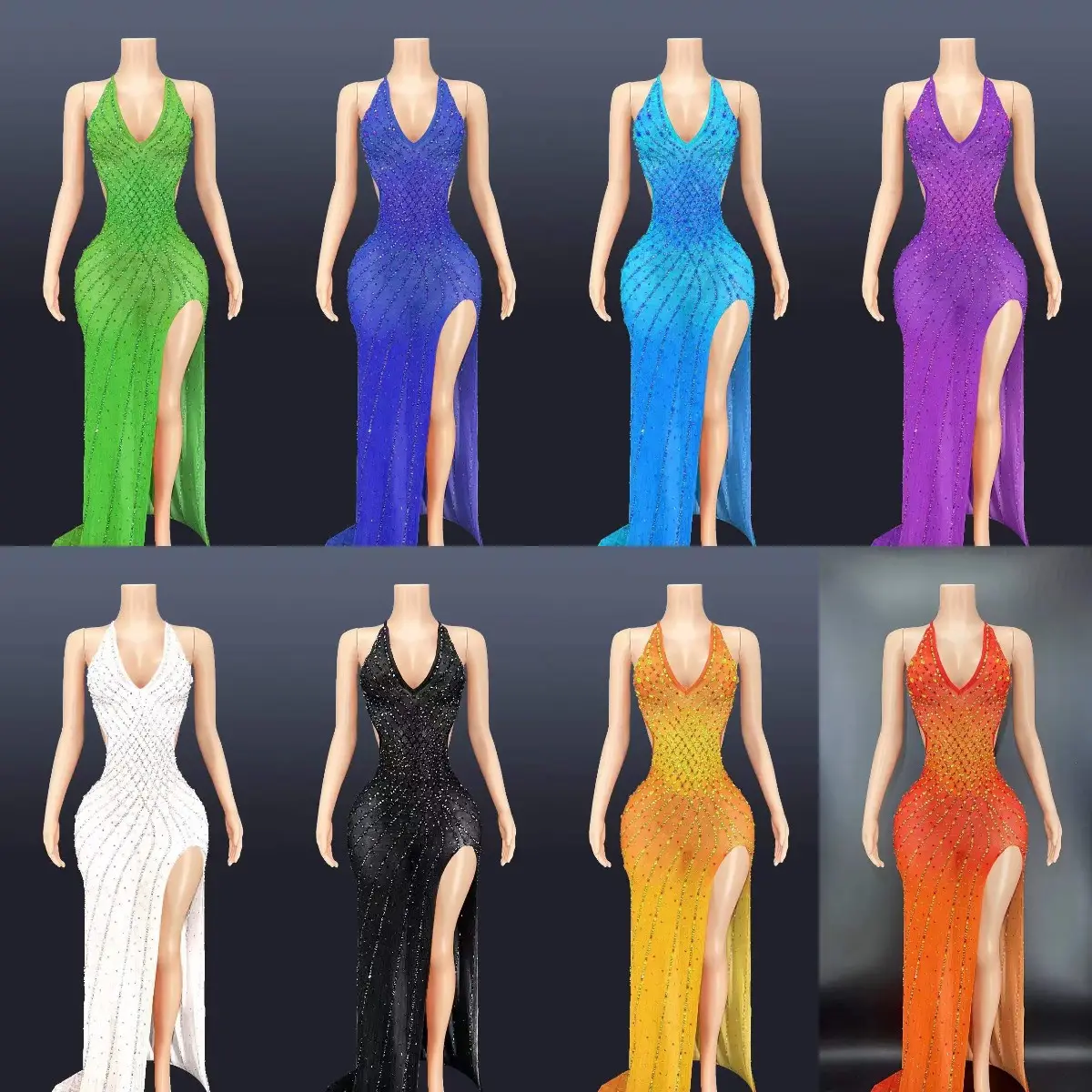 Sexy Sparkly Rhinestone Backless Low Cut V Neck Maxi Dress Party Sleeveless Slit Side Floor Length Big Ass Tight Evening Dress