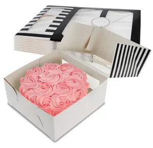 Kotak kertas rakitan mudah kotak kue bergaris kotak kemasan roti sekali pakai wadah merah muda putih 10 "x 10" x 5 "dengan jendela PVC