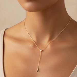 Collar Minimalista con Iniciales de 26 Letras, Chapado en Oro de 18K, con Circonitas, Cadena en Forma de Y, Collar Redondo con Circonitas - Product Image 4