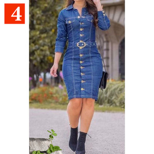 Vendita calda estate abito in Denim da donna abiti Casual con cintura lunga manica lunga aderente al ginocchio abito in <span class=keywords><strong>jeans</strong></span> da donna - Product Image 5