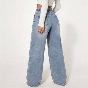<span class=keywords><strong>Jeans</strong></span> de mezclilla de mujer de cintura alta, vintage, azules, desgastados, acampanados, de pierna ancha, con bolsillos y efecto deshilachado, de fábrica OEM ODM - Product Image 2