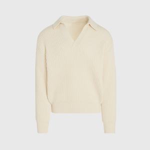 Custom ODM OEM Knitwear Manufacturers 7 GG Ribbed Knit Solid White <strong>Jumper</strong> Turn-Down <strong>Neck</strong> Old Money <strong>Polo</strong> Sweater <strong>Men</strong> - Product Image 3