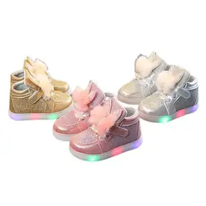 Autumn Children's Shoes LED Lights Luminous Girls Colorful Diamond Shoes Cartoon Baby Kids Shoes Feather Bow Soft Sole