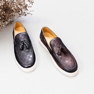 Ultime <span class=keywords><strong>Scarpe</strong></span> Casual da <span class=keywords><strong>Uomo</strong></span> in Vera Pelle Stile Retrò con Nappe, Squisito Design Goffrato, Slip-on con Suola Piatta - Product Image 5
