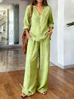 RO825-4 Vêtements islamiques d'automne, col en V, respirant, manches longues, pantalon ample, tenue modeste pour femmes, couleur bonbon, ensemble de 2 pièces décontracté