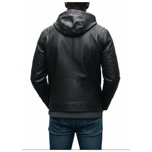 Chaqueta de Invierno para Hombre, Hecha a Mano, de Cuero Vacuno Negro, con Capucha, Detalles Acolchados en Hombros y Codos, Edición Urbana Elite, Impermeable - Product Image 2