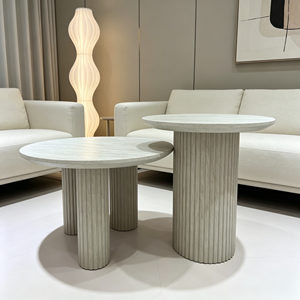 Ensemble de tables basses gigognes rondes à colonnes cannelées minimalistes, plateau texture pierre, luxe léger, pour salon et hôtel - Product Image 5
