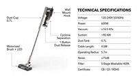 Aspirateur balai électrique filaire 600W 2-en-1, portatif et vertical, sans sac, cyclonique, filtration 5 étapes, lumières LED, aspiration >90AW